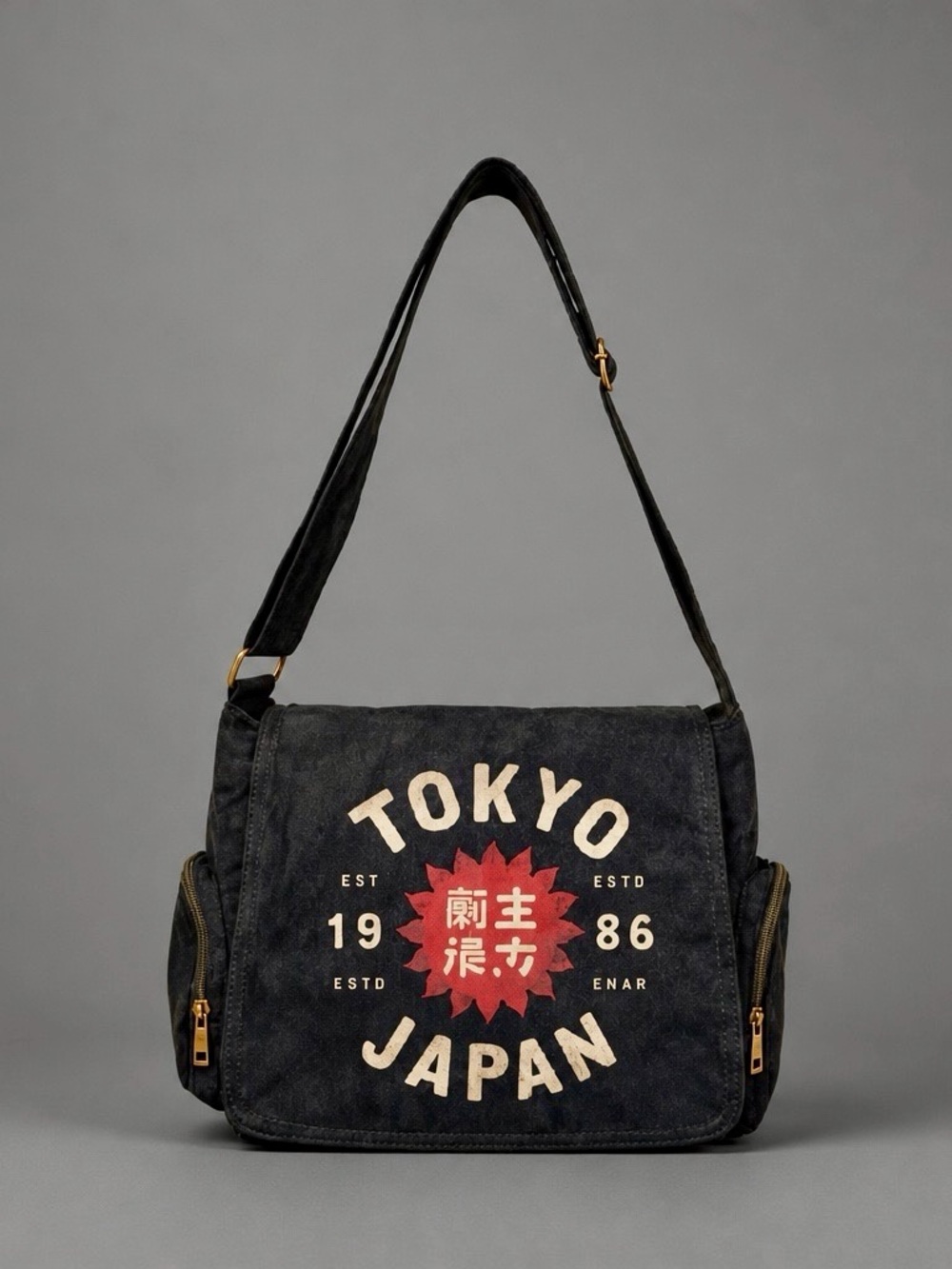 Large Capacity FAUX LEATHER Black Bag w/Tokyo Japan 1986 Design, Adjust Straps